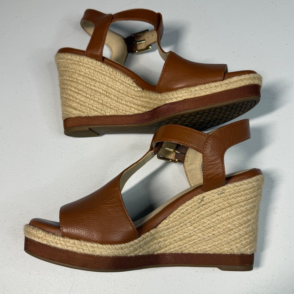 Cole Haan T-Strap Wedge Sandals 5.5W Brown Leather Espadrille - Picture 7 of 9